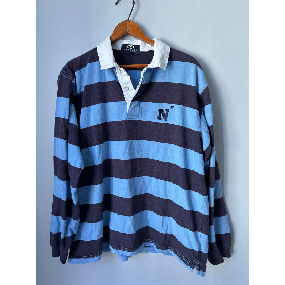 Vantage Mens Navy Light Blue Striped Long Sleeve Rugby Shirt Size Medium N Star